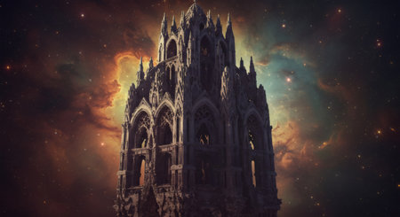 Grand gothic cathedral on starry cosmic background with nebula. Ancient fantasy architecture. Mystical scene for visualization and meditation.の素材