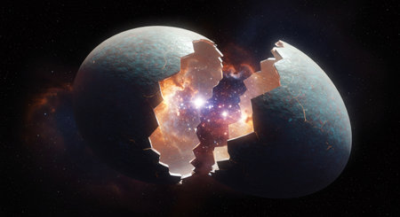 Cracked planet in open space. Cosmic egg bursting with bright nebula. Big bang theory and beginning of universe.の素材
