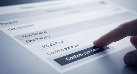 Man finger presses confirm button on screen with fake shipping cost. Online scam and digital fraud for personal data. Cybercrime protection concept.の素材