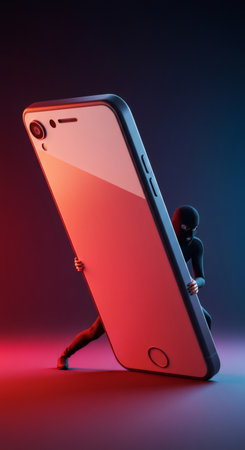 Thief in balaclava trying to steal big smartphone. Cybercrime and data security concept. Digital identity protection and privacy.の素材