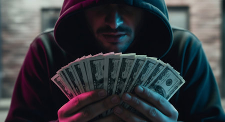 Man in hoodie holding fan of cash. Young hacker or cybercriminal scamming and stealing money. Digital security and money fraud concept.の素材