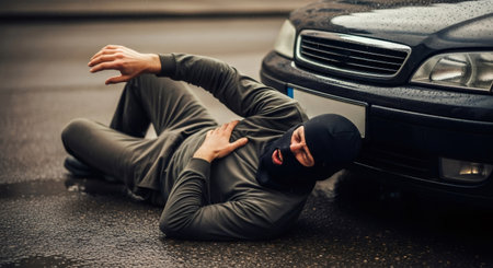 Man in black balaclava lying on wet asphalt next to car. Car accident concept with injured male, road collision aftermath.の素材