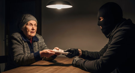 Elderly woman giving money to a scammer in a balaclava. Senior abuse and financial fraud concept. Digital hygiene warning.の素材