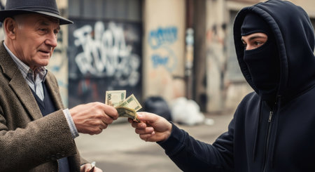 Older man giving money to young man in black balaclava. Senior victim passing cash to thief. Financial fraud and street crime concept.の素材