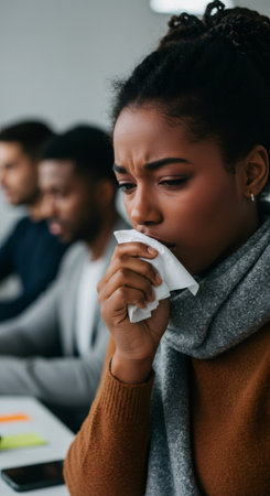 Sick african american woman sneezing in tissue at office. Businesswoman feeling unwell with flu or cold. Sickness at work concept.の素材