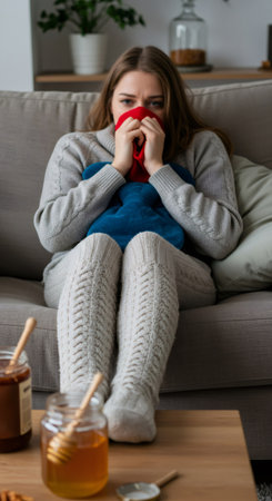 Woman on sofa with red scarf holding blue hot water bottle. Girl with cold or flu feeling unwell. Sickness at home during winter.の素材