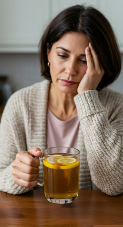 Depressed woman with flu drinking lemon tea at home. Illness and cold concept. Fatigue and sickness.の素材