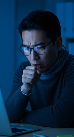 Young asian man coughing at desk office. Worker at night with cold or flu. Illness symptom while working during late hours.の素材
