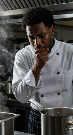 African american man chef coughing in restaurant kitchen. Sick cook working with illness. Professional kitchen environment.の素材