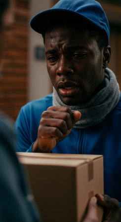 African american man delivering package while feeling unwell. Courier with cough or fever. Illness and work concept.の素材