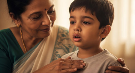 Woman caring for a sick kid with a runny nose. Health issue and medical problem. Mother care for child suffer from flu.の素材