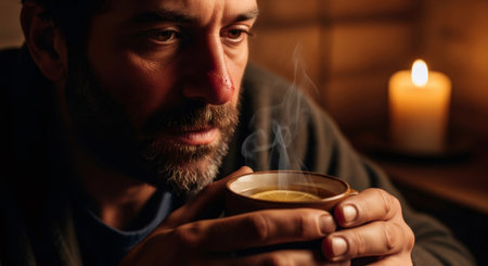 Man sick with a cold drinking hot tea with lemon. Illness and recovery from flu or ARVI concept.の素材