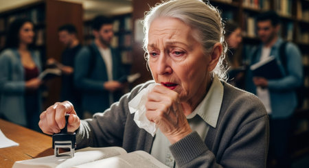 Old woman coughing and holding tissue, feeling sick while working in public. Working while ill concept.の素材