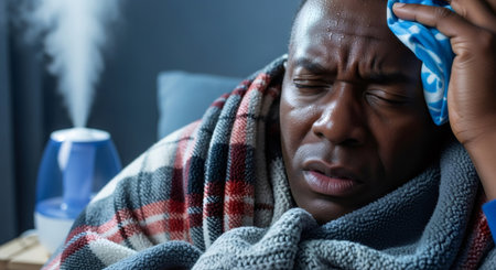 Black man with fever suffering from cold symptoms. Caucasian man feeling sick. Flu season concept.の素材