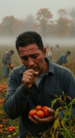 Sick migrant worker harvesting tomato. Man coughing in field. Illness and overwork concept.の素材