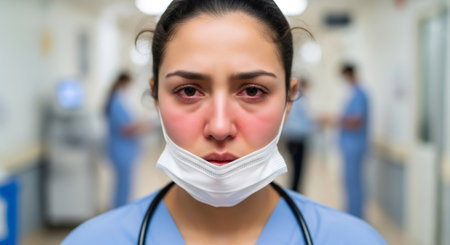 Woman nurse or doctor with red eyes and mask pulled down showing illness. Healthcare worker on duty while sick with flu or cold.の素材