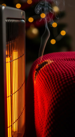 Electric heater igniting a red fabric, causing smoke. Fire hazard at home. Overheated appliance risk, safety concept for Christmas.の素材