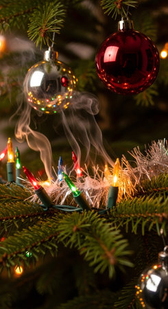 Smoke rising from Christmas tree lights and tinsel on a branch. Holiday fire safety concept for Christmas.の素材