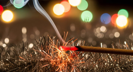 Glowing stick sparking danger on tinsel garland. Arson concept for Christmas fire safety. Risk of holiday illumination.の素材