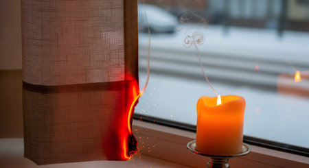 Burning curtain next to lit candle on windowsill. Home fire safety during Christmas holiday. Risk of accidental blaze and hazard.の素材