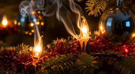 Burning light bulb with smoke on Christmas tree branch. Holiday fire safety concept. Danger of short circuit and holiday fire.の素材