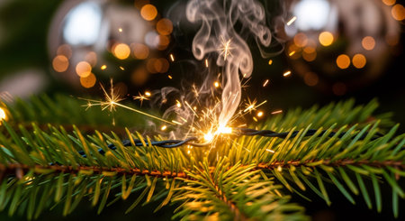 Short circuit on a Christmas tree light string creating sparks and smoke. Electrical danger and fire safety during holiday concept.の素材