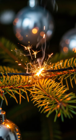 Sparkler burning on Christmas tree branch near decoration ball. Fire hazard concept for holiday safety and accident prevention.の素材