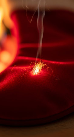 Fabric burning with orange blaze and smoke. Christmas fire on fabric. Safety during holidays concept. Danger of ignition.の素材