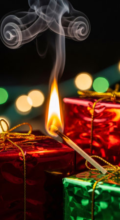 A burning match igniting and creating smoke over red Christmas gift boxes at night. Fire safety concept for winter holiday.の素材