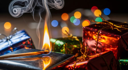 Burning wooden matchstick with smoke on a surface with Christmas gifts and bokeh lights. Fire safety concept for holiday season.の素材