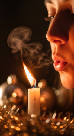 Woman blowing out candle flame with smoke rising on dark background. Holiday tradition element and fire safety risk. Christmas.の素材