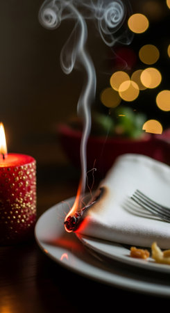 Burning napkin on a holiday dinner table from a lit candle. Fire safety and prevention during christmas and new year celebrations.の素材