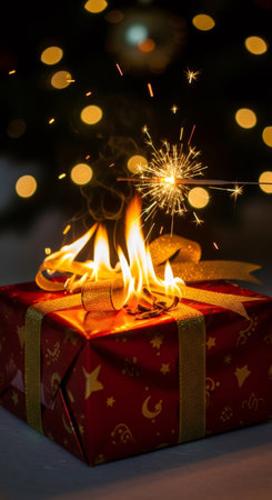 Fire and sparkler burn a festive red gift with golden ribbon. Christmas holiday fire safety concept. Dangerous celebration.の素材