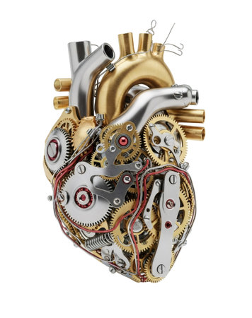 Human heart stylized with gears, pipes, and clockwork mechanism on transparent background. Mechanic organ for medical and technical concept.の素材