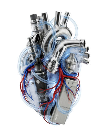 Bionic heart made of shining metal and vape parts with arteries and veins inside, on transparent background. Concept: it is in my heart.の素材