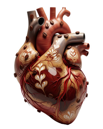 Human heart covered with coffee beans and latte art on transparent background. Love for coffee concept and invigorating drink.の素材