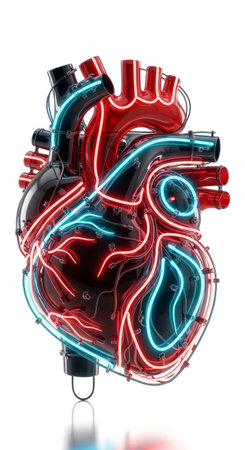Human anatomical heart with neon light tubes. Digital representation of a vibrant, technological organ. Cardiology, medicine, health.の素材