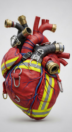 Anatomical human heart model resembling firefighter equipment. Concept of heroism, courage, and service. Symbol of dedication and protection.の素材