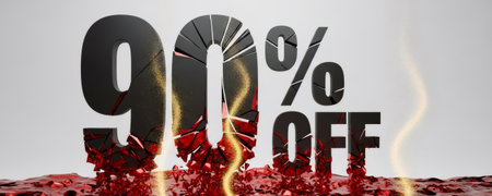 Black 90 percent off text with red shattered glass effect and golden dust. Discount and sale promotion for Black Friday.の素材
