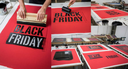 Man screen printing Black Friday banner on red fabric. Handcrafting sale advertisement for discount event.の素材