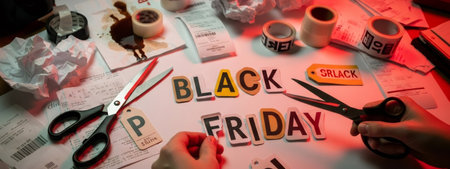 Man making a Black Friday sign from cut out letters and receipts messy table. Holiday sale promotion, shopping discount concept.の素材