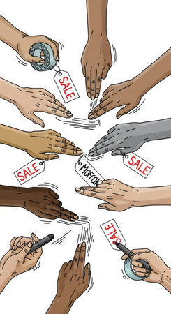 Diverse hands preparing sale tags for discount event. Concept of global shopping, business promotion, and special offer for Black Friday.の素材