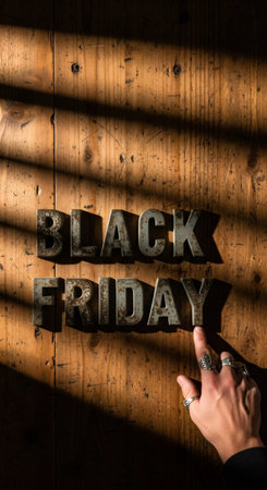 Man hand touching dimensional metal letters spelling Black Friday on a rustic wooden table, concept for advertising seasonal sales and shopping.の素材