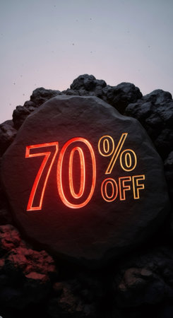 Neon 70 percent off sign and offer in red and orange on a rock. Discount concept for sale, promotion, Black Friday.の素材