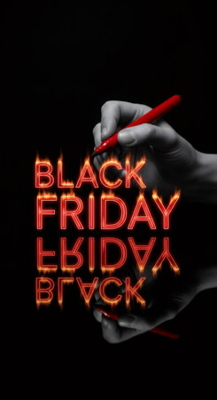 Hand of caucasian woman writing Black Friday text with fiery red marker on black background. Shopping sale, discount event, marketing and advertising concept.の素材