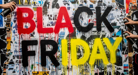 Black Friday graffiti spray painted on urban wall, creating a sale and shopping background for discount and promotion.の素材