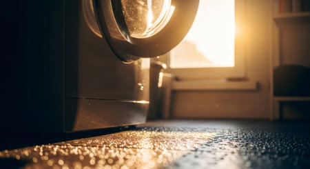 Water leaking from washing machine onto laundry room floor. Appliance repair and maintenance concept for home utility.の素材