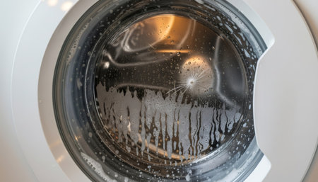 Broken washing machine drum with cracked glass. Concept of appliance breakdown and need for repair service. Damaged household equipment.の素材