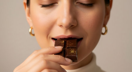 Woman enjoying dark chocolate bar. Indulgent moment for World Chocolate Day. Gourmet dessert tasting by young adult with closed eyes.の素材