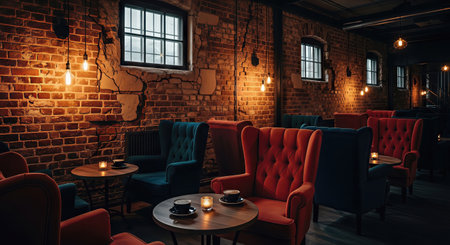 Cozy cafe interior with vintage brick wall, red and blue armchairs and warm lighting. Gentry and relaxation concept.の素材